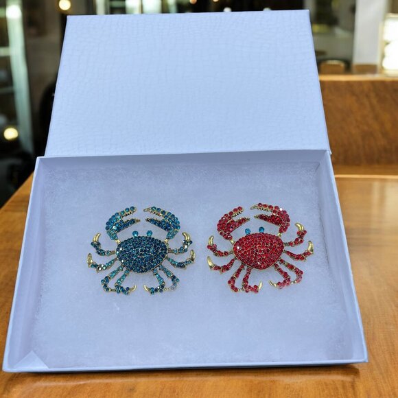 Crab Rhinestone Brooch Pair Nautical Coquette Kawaii Coastal Ocean Statement Pin - Picture 1 of 8
